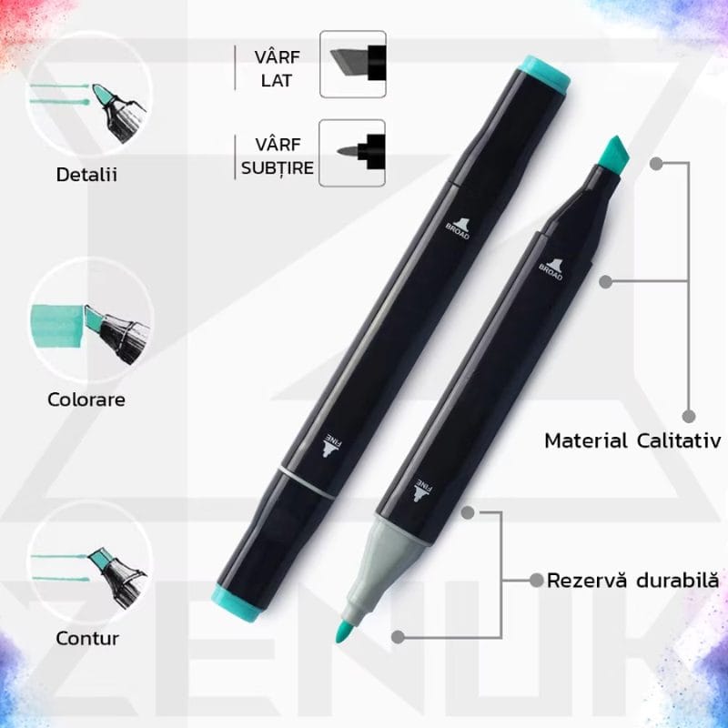 Set 48 Markere Profesionale, Culori Multicolore Vibrante cu Cerneala pe Baza de Alcool, Cu Doua Capete, Subtire si Gros, Ideal pentru Copii Creativi, Stimuleaza Imaginatia si Dezvoltarea Artistica, In