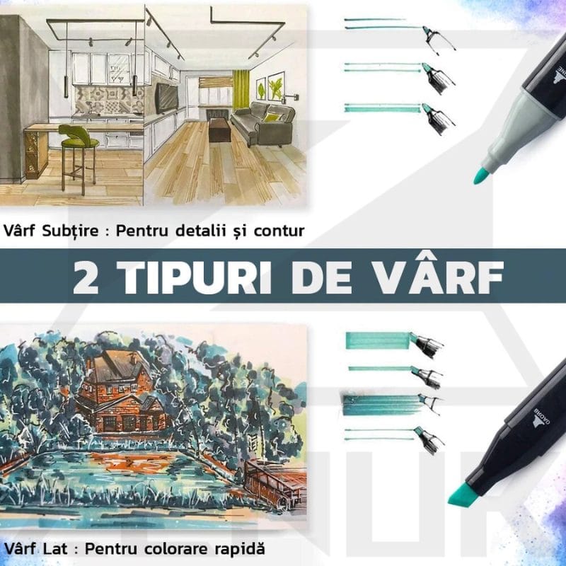 Set 48 Markere Profesionale, Culori Multicolore Vibrante cu Cerneala pe Baza de Alcool, Cu Doua Capete, Subtire si Gros, Ideal pentru Copii Creativi, Stimuleaza Imaginatia si Dezvoltarea Artistica, In