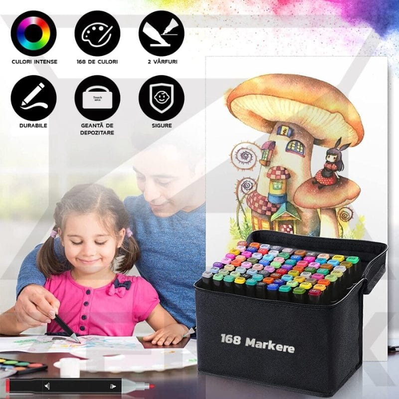 Set 48 Markere Profesionale, Culori Multicolore Vibrante cu Cerneala pe Baza de Alcool, Cu Doua Capete, Subtire si Gros, Ideal pentru Copii Creativi, Stimuleaza Imaginatia si Dezvoltarea Artistica, In