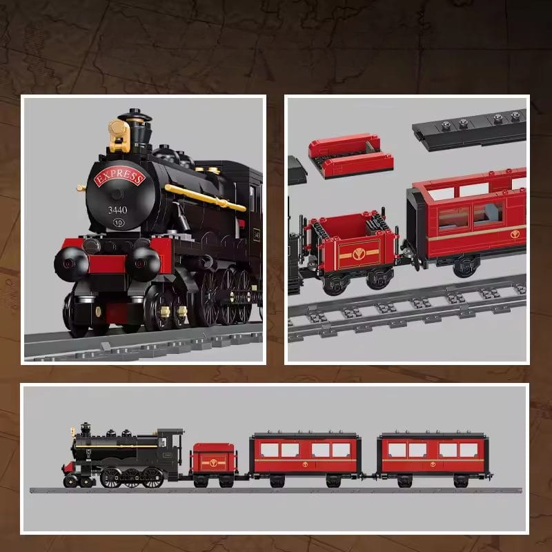 Set de Construit Tren cu Aburi, 789 Piese Reproducere Detaliata a Locomotivei GWR Express 3440, Model de Colectie Cu 3 Vagoane si Sina Inclusa, 78 Cm Lungime, Design Realist pentru Pasionati
