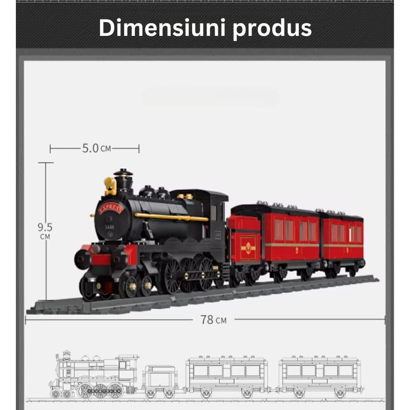 Set de Construit Tren cu Aburi, 789 Piese Reproducere Detaliata a Locomotivei GWR Express 3440, Model de Colectie Cu 3 Vagoane si Sina Inclusa, 78 Cm Lungime, Design Realist pentru Pasionati