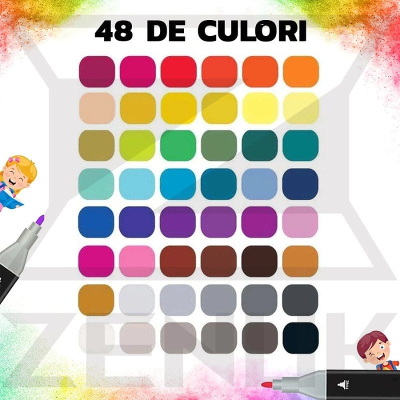 Set 48 Markere Profesionale, Culori Multicolore Vibrante cu Cerneala pe Baza de Alcool, Cu Doua Capete, Subtire si Gros, Ideal pentru Copii Creativi, Stimuleaza Imaginatia si Dezvoltarea Artistica, In