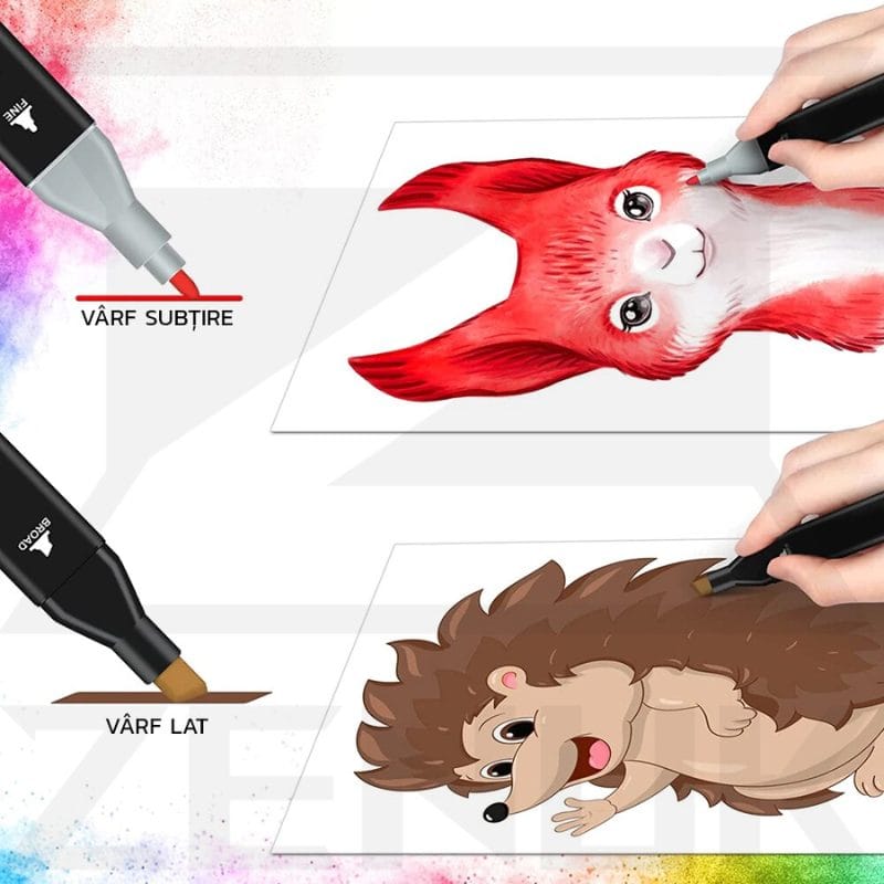 Set 48 Markere Profesionale, Culori Multicolore Vibrante cu Cerneala pe Baza de Alcool, Cu Doua Capete, Subtire si Gros, Ideal pentru Copii Creativi, Stimuleaza Imaginatia si Dezvoltarea Artistica, In