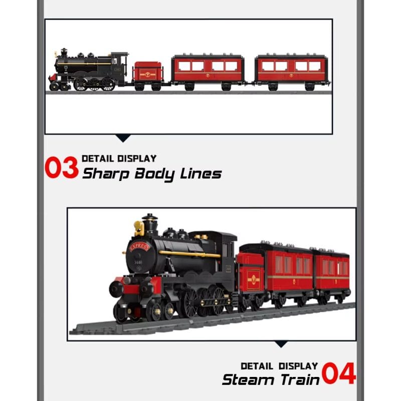 Set de Construit Tren cu Aburi, 789 Piese Reproducere Detaliata a Locomotivei GWR Express 3440, Model de Colectie Cu 3 Vagoane si Sina Inclusa, 78 Cm Lungime, Design Realist pentru Pasionati