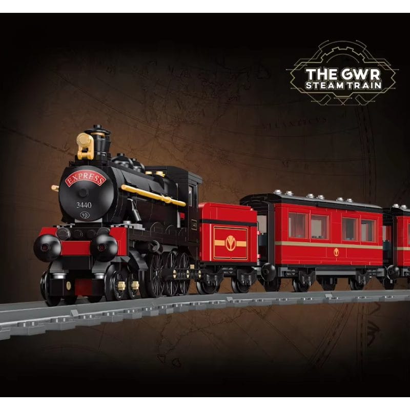 Set de Construit Tren cu Aburi, 789 Piese Reproducere Detaliata a Locomotivei GWR Express 3440, Model de Colectie Cu 3 Vagoane si Sina Inclusa, 78 Cm Lungime, Design Realist pentru Pasionati