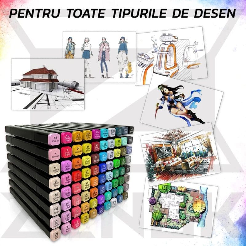 Set 48 Markere Profesionale, Culori Multicolore Vibrante cu Cerneala pe Baza de Alcool, Cu Doua Capete, Subtire si Gros, Ideal pentru Copii Creativi, Stimuleaza Imaginatia si Dezvoltarea Artistica, In