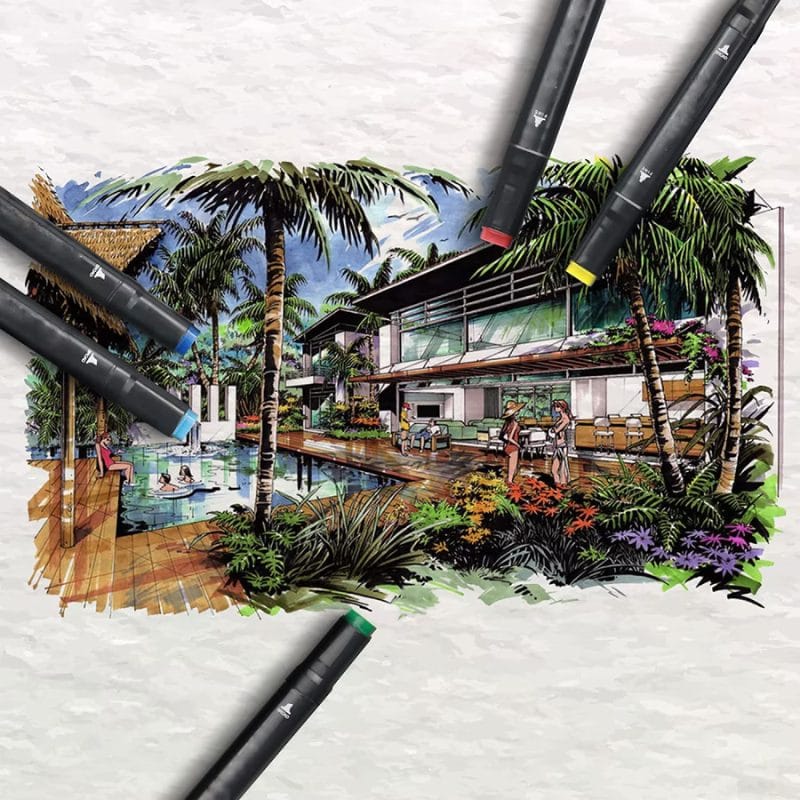 Set 48 Markere Profesionale, Culori Multicolore Vibrante cu Cerneala pe Baza de Alcool, Cu Doua Capete, Subtire si Gros, Ideal pentru Copii Creativi, Stimuleaza Imaginatia si Dezvoltarea Artistica, In