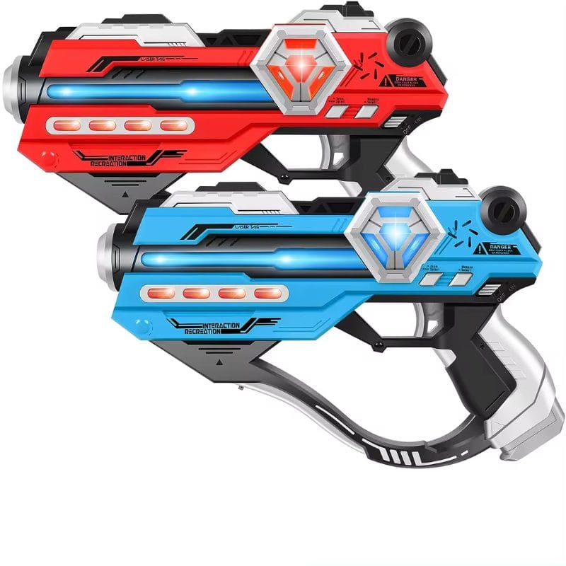 Resigilat - Set 2 Pistoale Lasertag pentru Copii, Senzor Infrarosu, 4 Moduri Arma, Indicator Numar Vieti Ramase, Buton Selectie Echipa, + 3 Ani