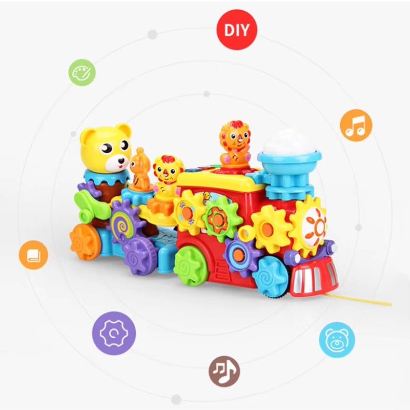 Trenulet Educativ Interactiv, Muzica si Efect de Abur, Dezvolta coordonarea, Creativitatea si Abilitatile Cognitive, Jucarie STEM cu Design Colorat si Piese Detasabile, + 2 Ani