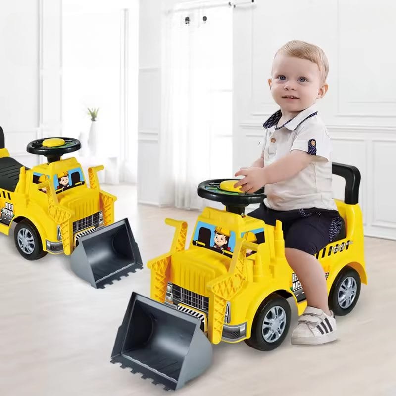 Resigilat - Buldozer Ride On pentru Copii, Cu Remorca, Volan si Claxon, Cupa de Carat Functionala, Scaun Confortabil, Sprijin pentru Spate, 65.5x37x22.5 Cm, +3 Ani, Galben Negru