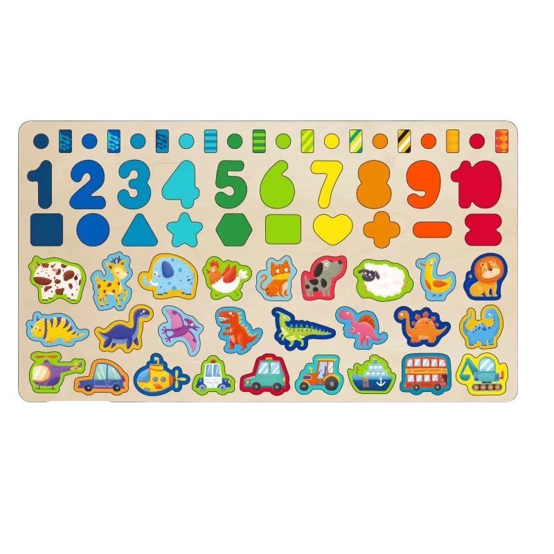 Jucarie Educativa Multifunctionala Montessori, Puzzle din Lemn cu Cifre, Forme, Animale, Dinozauri si Vehicule pentru Dezvoltarea Cognitiva, Ideal pentru Copii Prescolari, 40x22.5 Cm, + 3 Ani