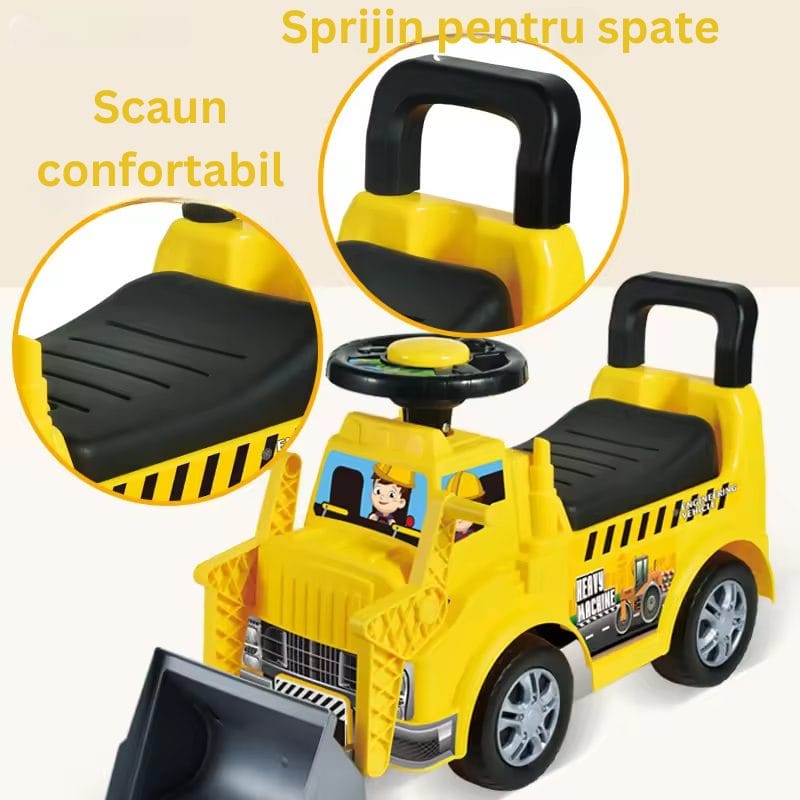 Resigilat - Buldozer Ride On pentru Copii, Cu Remorca, Volan si Claxon, Cupa de Carat Functionala, Scaun Confortabil, Sprijin pentru Spate, 65.5x37x22.5 Cm, +3 Ani, Galben Negru
