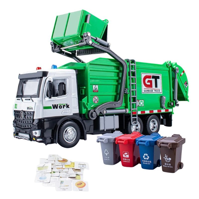 Camion de Gunoi din Metal cu Sunete si Lumini, Cosuri de Reciclare si Joc Educativ de Sortare a Deseurilor, Incurajeaza Responsabilitatea Ecologica, Cu Mecanism de Incarcare Functional, + 3 Ani