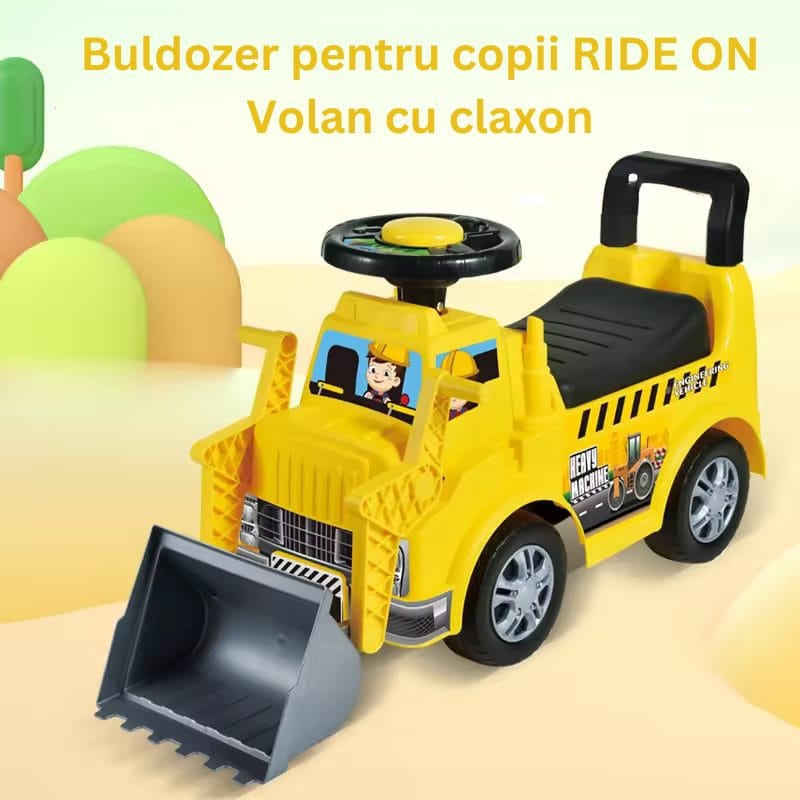 Resigilat - Buldozer Ride On pentru Copii, Cu Remorca, Volan si Claxon, Cupa de Carat Functionala, Scaun Confortabil, Sprijin pentru Spate, 65.5x37x22.5 Cm, +3 Ani, Galben Negru