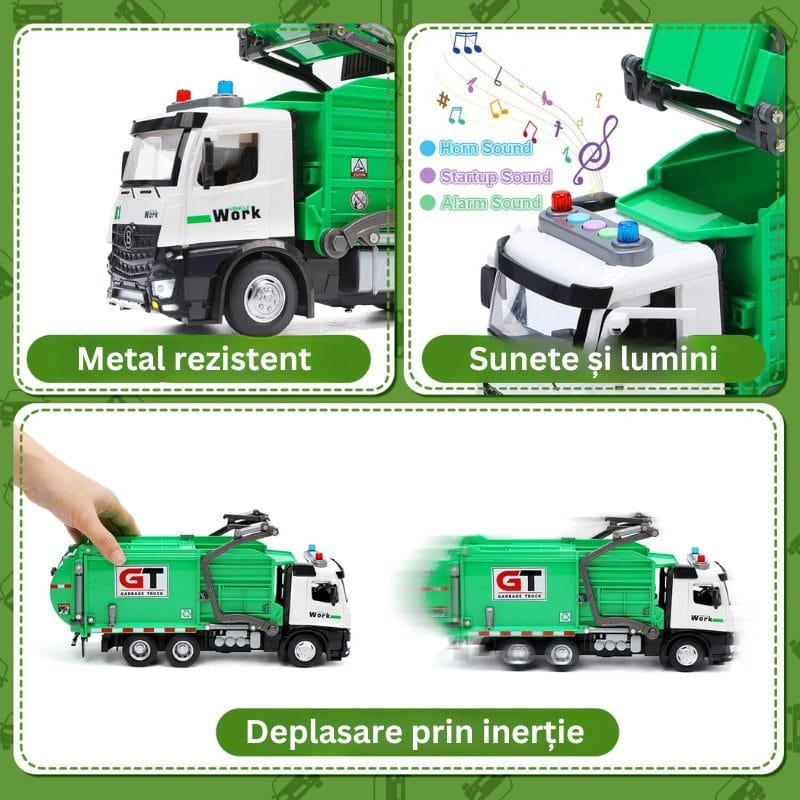 Camion de Gunoi din Metal cu Sunete si Lumini, Cosuri de Reciclare si Joc Educativ de Sortare a Deseurilor, Incurajeaza Responsabilitatea Ecologica, Cu Mecanism de Incarcare Functional, + 3 Ani
