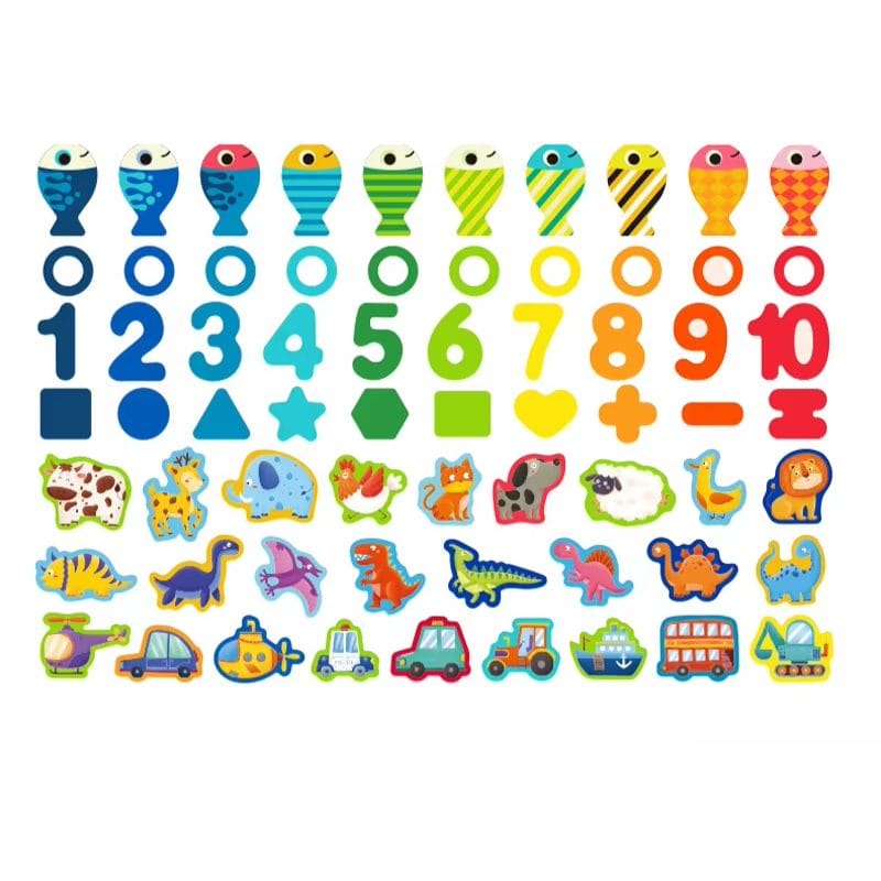 Jucarie Educativa Multifunctionala Montessori, Puzzle din Lemn cu Cifre, Forme, Animale, Dinozauri si Vehicule pentru Dezvoltarea Cognitiva, Ideal pentru Copii Prescolari, 40x22.5 Cm, + 3 Ani