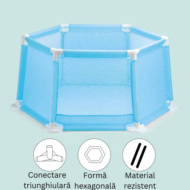 Tarc de Joaca Hexagonal 50x50x50 Cm cu 50 de Bile Multicolore Incluse, Locul Perfect pentru Siguranta, Ideal pentru Utilizare Acasa, In Aer Liber sau in Deplasare, Albastru