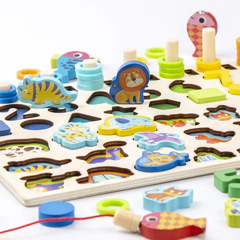 Jucarie Educativa Multifunctionala Montessori, Puzzle din Lemn cu Cifre, Forme, Animale, Dinozauri si Vehicule pentru Dezvoltarea Cognitiva, Ideal pentru Copii Prescolari, 40x22.5 Cm, + 3 Ani