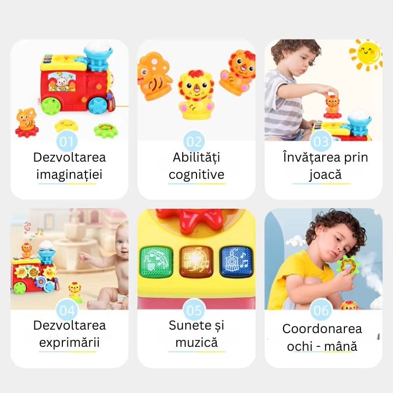 Trenulet Educativ Interactiv, Muzica si Efect de Abur, Dezvolta coordonarea, Creativitatea si Abilitatile Cognitive, Jucarie STEM cu Design Colorat si Piese Detasabile, + 2 Ani