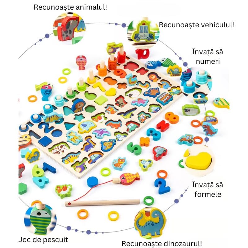 Jucarie Educativa Multifunctionala Montessori, Puzzle din Lemn cu Cifre, Forme, Animale, Dinozauri si Vehicule pentru Dezvoltarea Cognitiva, Ideal pentru Copii Prescolari, 40x22.5 Cm, + 3 Ani