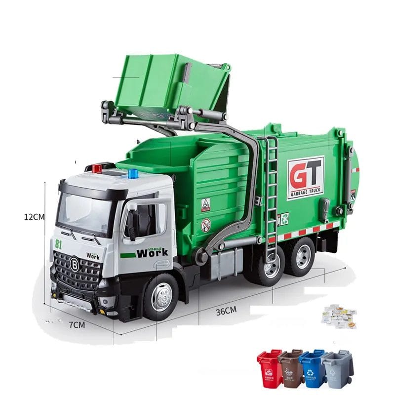 Camion de Gunoi din Metal cu Sunete si Lumini, Cosuri de Reciclare si Joc Educativ de Sortare a Deseurilor, Incurajeaza Responsabilitatea Ecologica, Cu Mecanism de Incarcare Functional, + 3 Ani