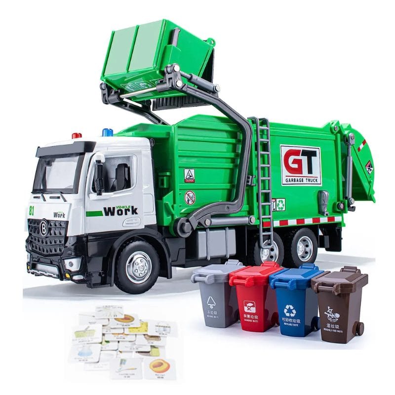 Camion de Gunoi din Metal cu Sunete si Lumini, Cosuri de Reciclare si Joc Educativ de Sortare a Deseurilor, Incurajeaza Responsabilitatea Ecologica, Cu Mecanism de Incarcare Functional, + 3 Ani