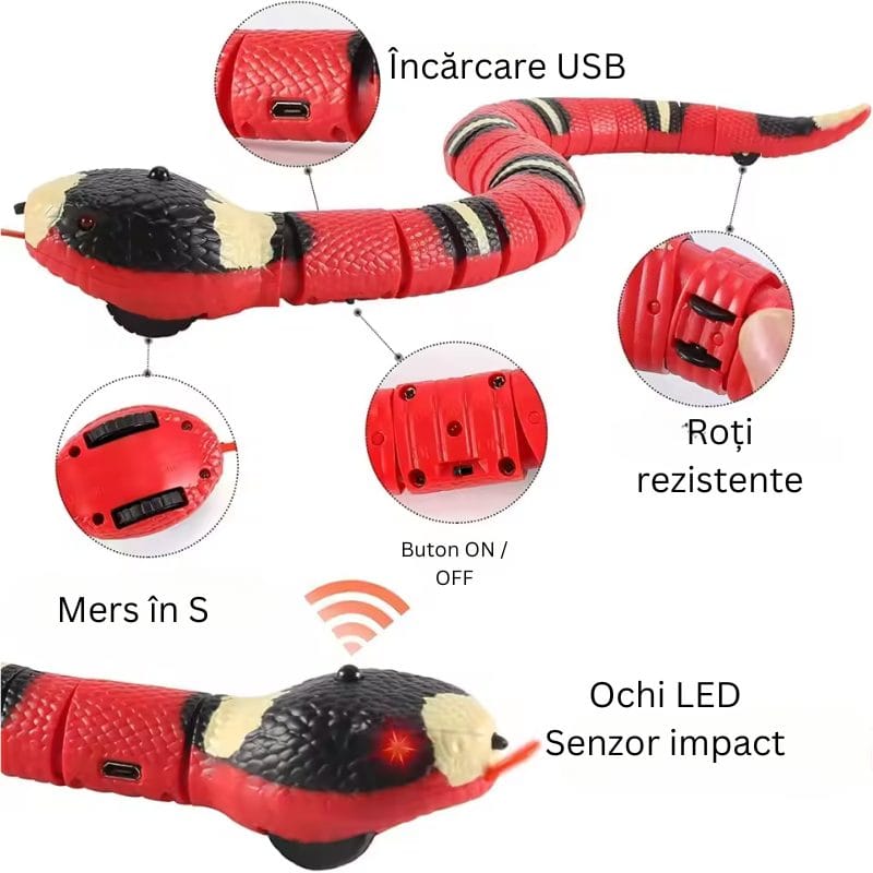 Jucarie Interactiva Sarpe RC, cu Incarcare USB, Miscare Realista in S, Senzatie Educativa si Distractiva pentru Animale de Companie, Perfect pentru Dezvoltarea Creativitatii si a Reflexelor, +6 Ani