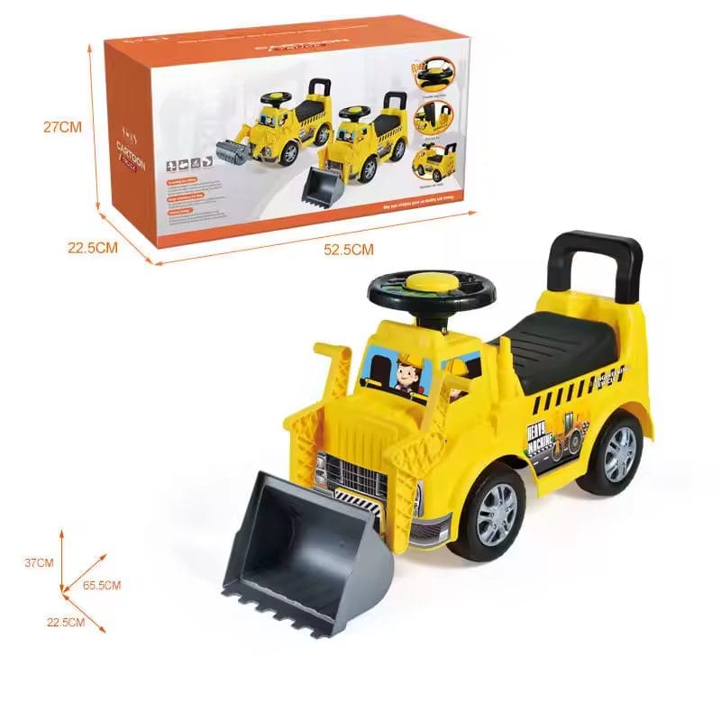Resigilat - Buldozer Ride On pentru Copii, Cu Remorca, Volan si Claxon, Cupa de Carat Functionala, Scaun Confortabil, Sprijin pentru Spate, 65.5x37x22.5 Cm, +3 Ani, Galben Negru