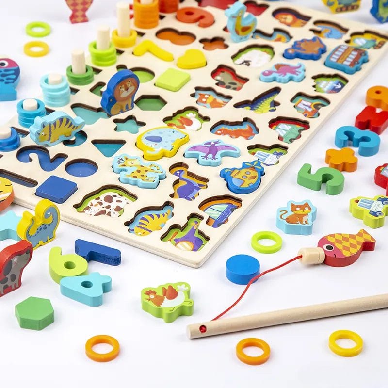Jucarie Educativa Multifunctionala Montessori, Puzzle din Lemn cu Cifre, Forme, Animale, Dinozauri si Vehicule pentru Dezvoltarea Cognitiva, Ideal pentru Copii Prescolari, 40x22.5 Cm, + 3 Ani