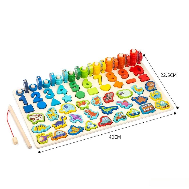 Jucarie Educativa Multifunctionala Montessori, Puzzle din Lemn cu Cifre, Forme, Animale, Dinozauri si Vehicule pentru Dezvoltarea Cognitiva, Ideal pentru Copii Prescolari, 40x22.5 Cm, + 3 Ani