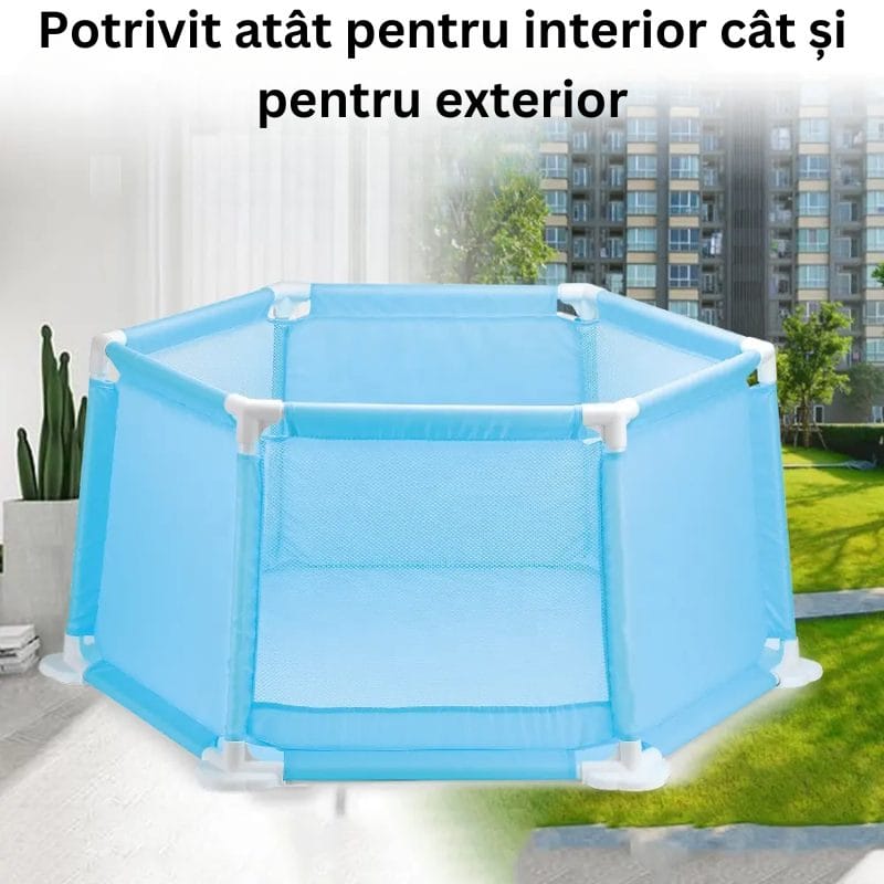 Tarc de Joaca Hexagonal 50x50x50 Cm cu 50 de Bile Multicolore Incluse, Locul Perfect pentru Siguranta, Ideal pentru Utilizare Acasa, In Aer Liber sau in Deplasare, Albastru