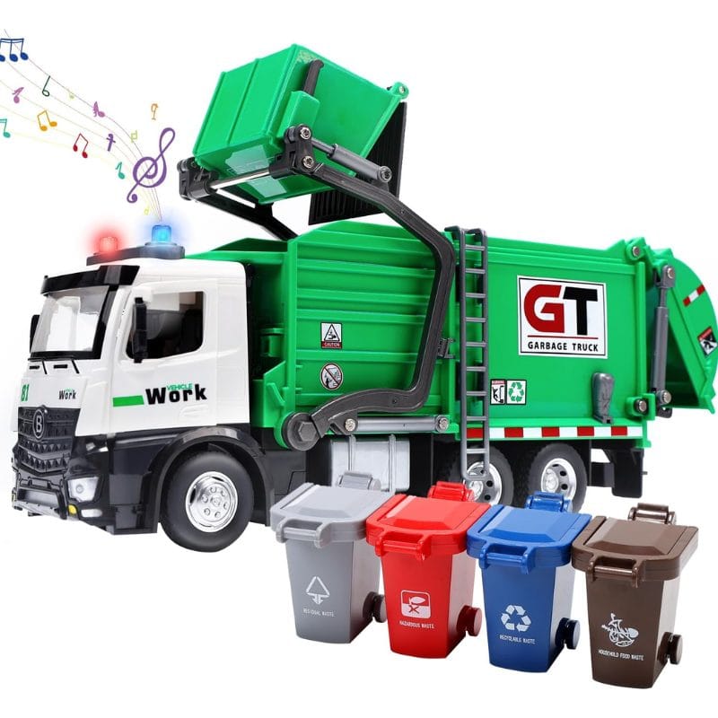 Camion de Gunoi din Metal cu Sunete si Lumini, Cosuri de Reciclare si Joc Educativ de Sortare a Deseurilor, Incurajeaza Responsabilitatea Ecologica, Cu Mecanism de Incarcare Functional, + 3 Ani