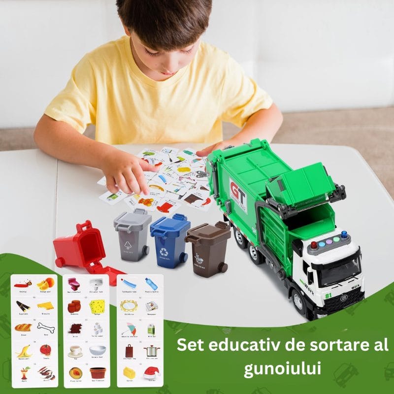 Camion de Gunoi din Metal cu Sunete si Lumini, Cosuri de Reciclare si Joc Educativ de Sortare a Deseurilor, Incurajeaza Responsabilitatea Ecologica, Cu Mecanism de Incarcare Functional, + 3 Ani