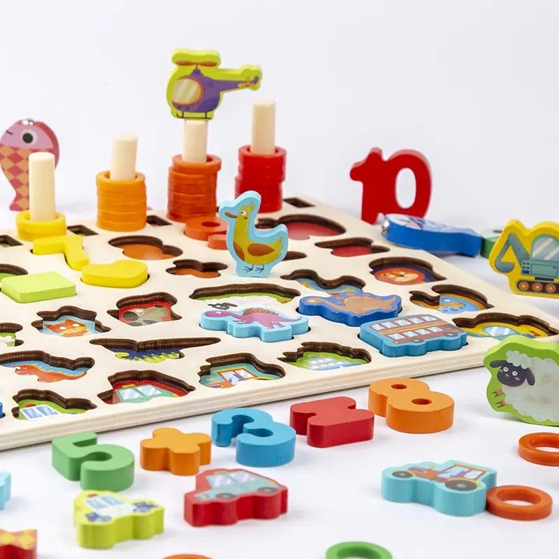 Jucarie Educativa Multifunctionala Montessori, Puzzle din Lemn cu Cifre, Forme, Animale, Dinozauri si Vehicule pentru Dezvoltarea Cognitiva, Ideal pentru Copii Prescolari, 40x22.5 Cm, + 3 Ani