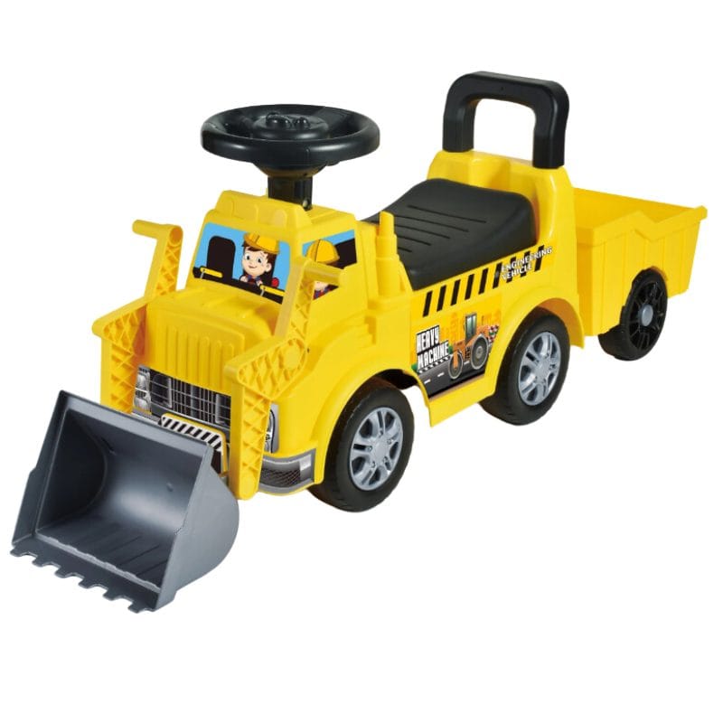 Resigilat - Buldozer Ride On pentru Copii, Cu Remorca, Volan si Claxon, Cupa de Carat Functionala, Scaun Confortabil, Sprijin pentru Spate, 65.5x37x22.5 Cm, +3 Ani, Galben Negru