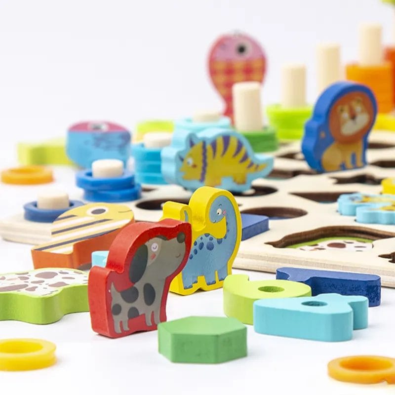 Jucarie Educativa Multifunctionala Montessori, Puzzle din Lemn cu Cifre, Forme, Animale, Dinozauri si Vehicule pentru Dezvoltarea Cognitiva, Ideal pentru Copii Prescolari, 40x22.5 Cm, + 3 Ani