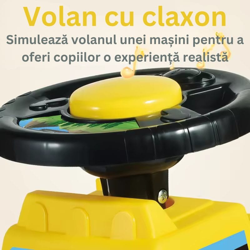 Resigilat - Buldozer Ride On pentru Copii, Cu Remorca, Volan si Claxon, Cupa de Carat Functionala, Scaun Confortabil, Sprijin pentru Spate, 65.5x37x22.5 Cm, +3 Ani, Galben Negru