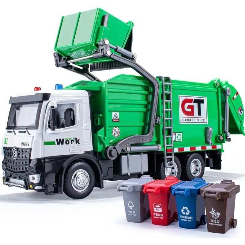 Camion de Gunoi din Metal cu Sunete si Lumini, Cosuri de Reciclare si Joc Educativ de Sortare a Deseurilor, Incurajeaza Responsabilitatea Ecologica, Cu Mecanism de Incarcare Functional, + 3 Ani