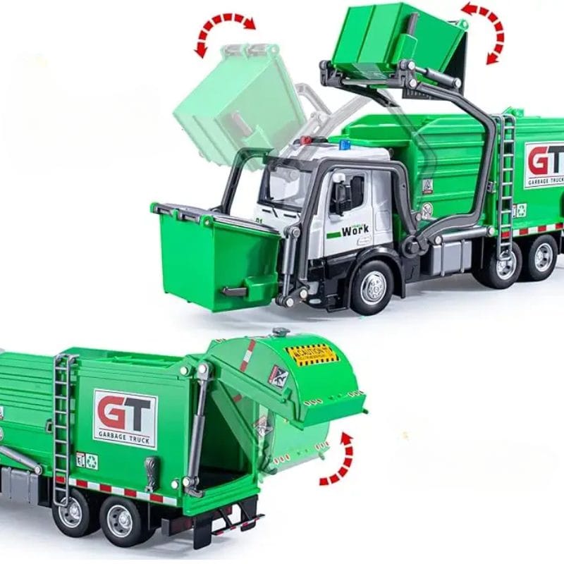 Camion de Gunoi din Metal cu Sunete si Lumini, Cosuri de Reciclare si Joc Educativ de Sortare a Deseurilor, Incurajeaza Responsabilitatea Ecologica, Cu Mecanism de Incarcare Functional, + 3 Ani