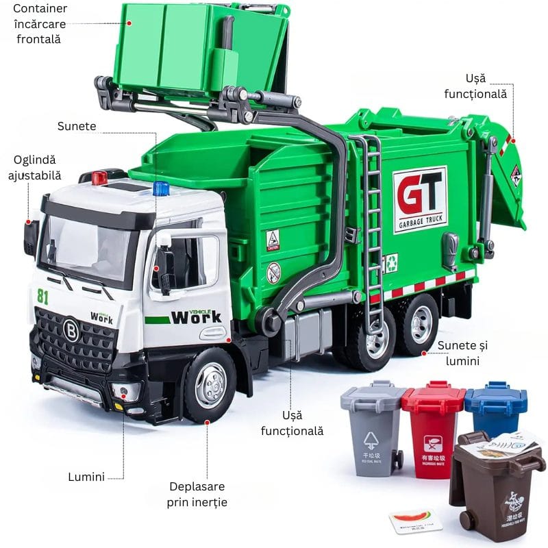 Camion de Gunoi din Metal cu Sunete si Lumini, Cosuri de Reciclare si Joc Educativ de Sortare a Deseurilor, Incurajeaza Responsabilitatea Ecologica, Cu Mecanism de Incarcare Functional, + 3 Ani