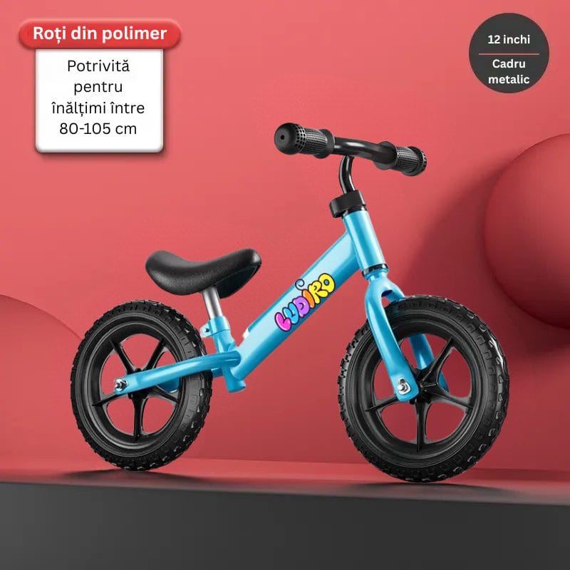 Bicicleta de Echilibru fara Pedale LUDIRO pentru Copii intre 2-5 Ani, Reglabila pe Inaltime, Rotire Ghidon 360 Grade, Roti din Polimer Antisoc Diametru 30 Cm, Cadru Metalic, Bleu