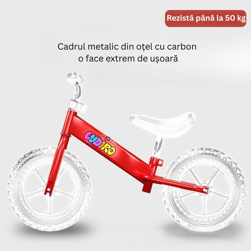 Bicicleta de Echilibru fara Pedale LUDIRO pentru Copii intre 2-5 Ani, Reglabila pe Inaltime, Rotire Ghidon 360 Grade, Roti din Polimer Antisoc Diametru 30 Cm, Cadru Metalic, Bleu