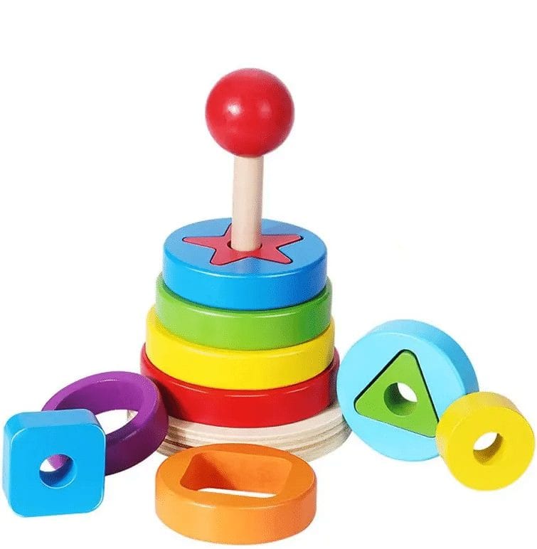 Jucarie din Lemn Educativa de Stivuire cu Forme Geometrice, Turn Montessori, + 3 Ani, 15.5x9 cm