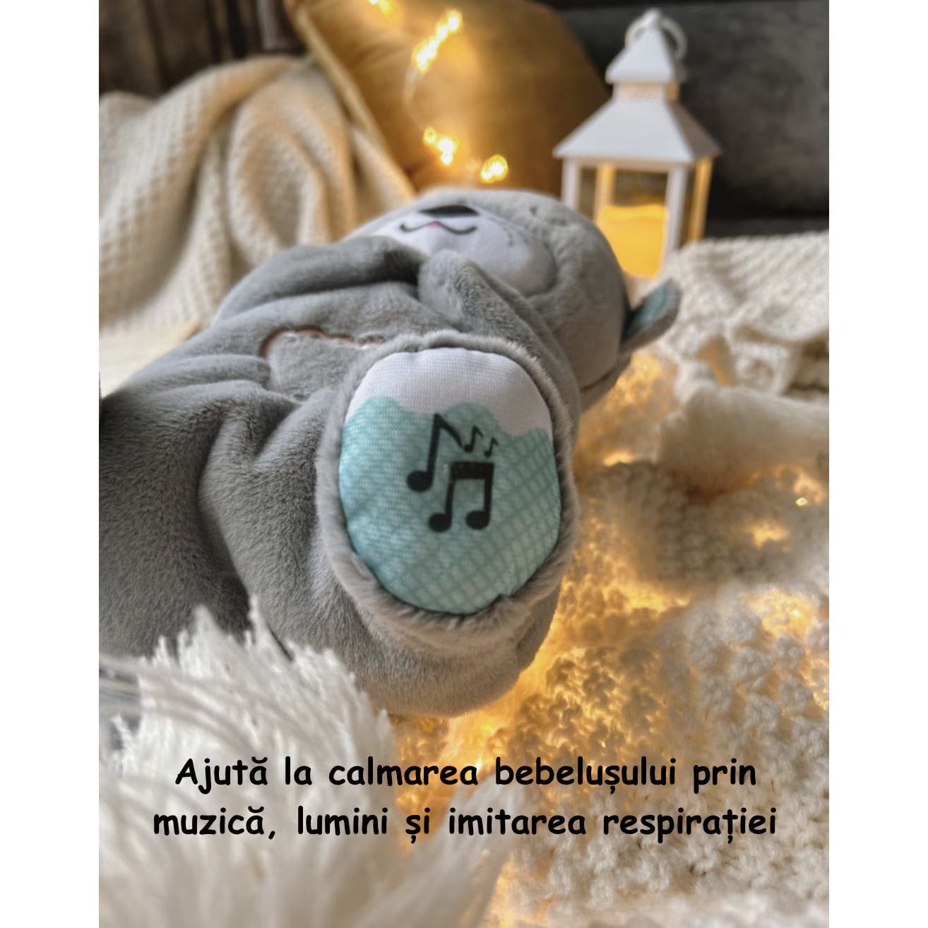 Resigilat - Ursulet de Plus Interactiv cu Efecte Luminoase si Muzicale, Functie de Imitare a Respiratiei, Jucarie Ideala pentru Imbunatatirea Somnului, Gri, + 1 An, Utility One
