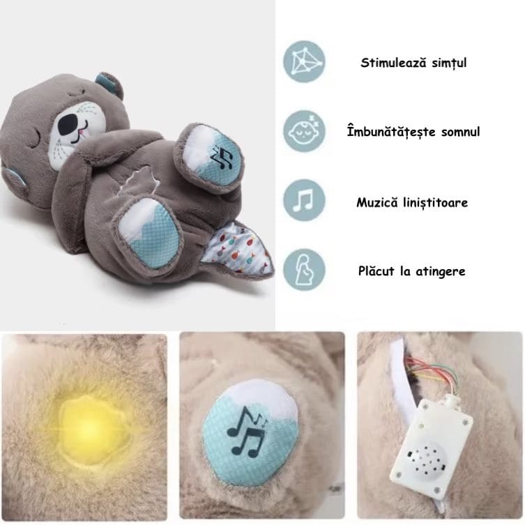 Resigilat - Ursulet de Plus Interactiv cu Efecte Luminoase si Muzicale, Functie de Imitare a Respiratiei, Jucarie Ideala pentru Imbunatatirea Somnului, Gri, + 1 An, Utility One