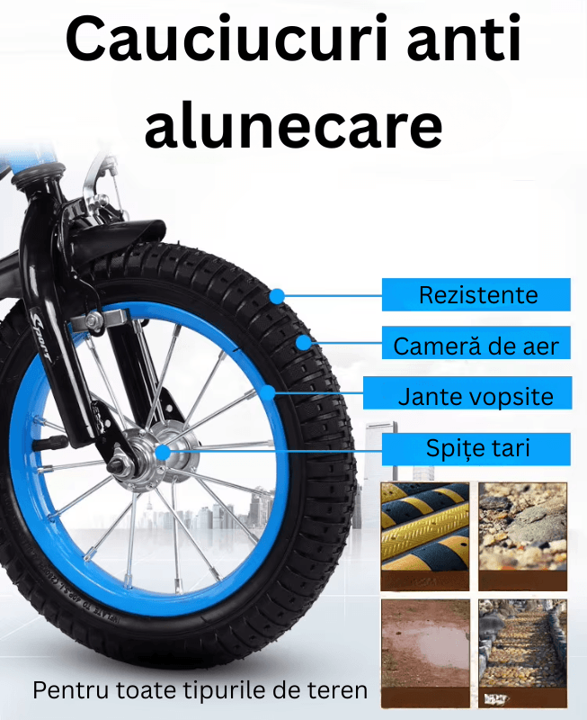 Bicicleta pentru Copii Ludiro 16 Inch, Diametru Roti 40 Cm, cu Frane Fata-Spate, Roti Ajutatoare, Cauciucuri Anti-Alunecare si Cadru din Otel, Ideala pentru Copii de 5-7 Ani, Albastru