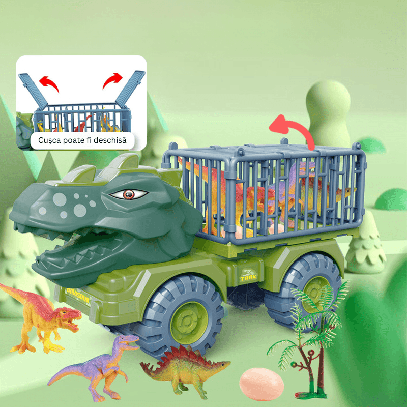 Camion Dinozaur Ludiro cu 6 Dinozauri si Cusca Rabatabila, 35x15x20cm