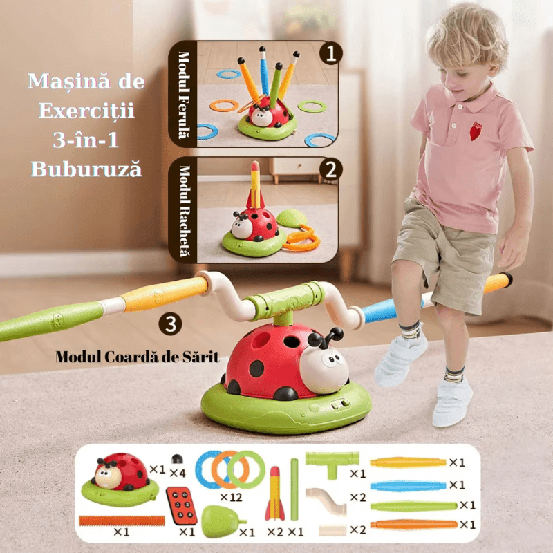 Buburuza Interactiva 3 in 1, Coarda de Sarit, Aruncare Inele si Lansator Rachete, Cu Telecomanda