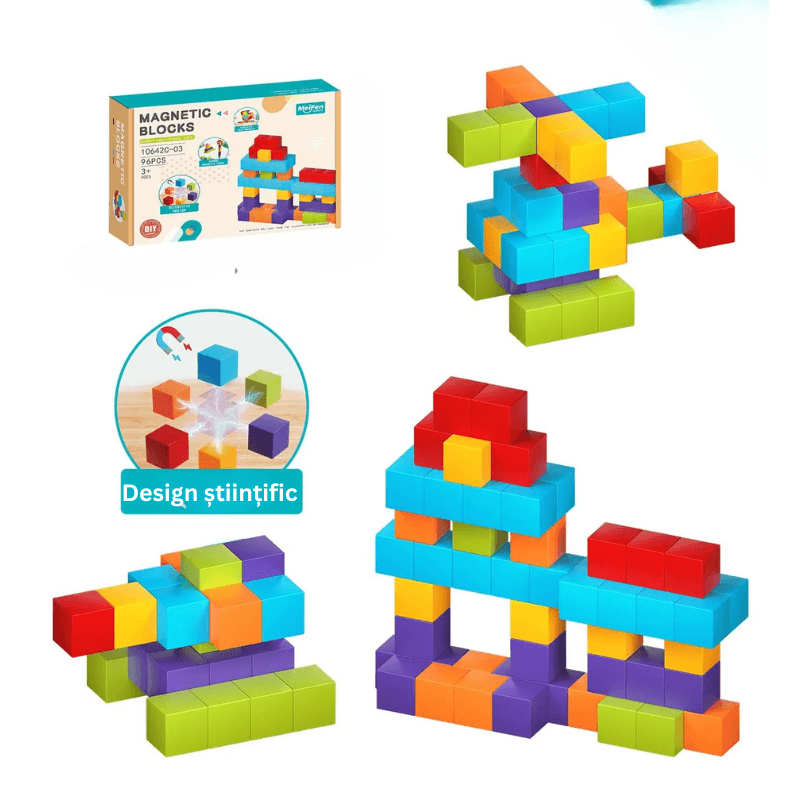 Set Cuburi Magnetice Educative 3D Ludiro, 96 Piese pentru Creativitate, Logica si Dezvoltare STEM