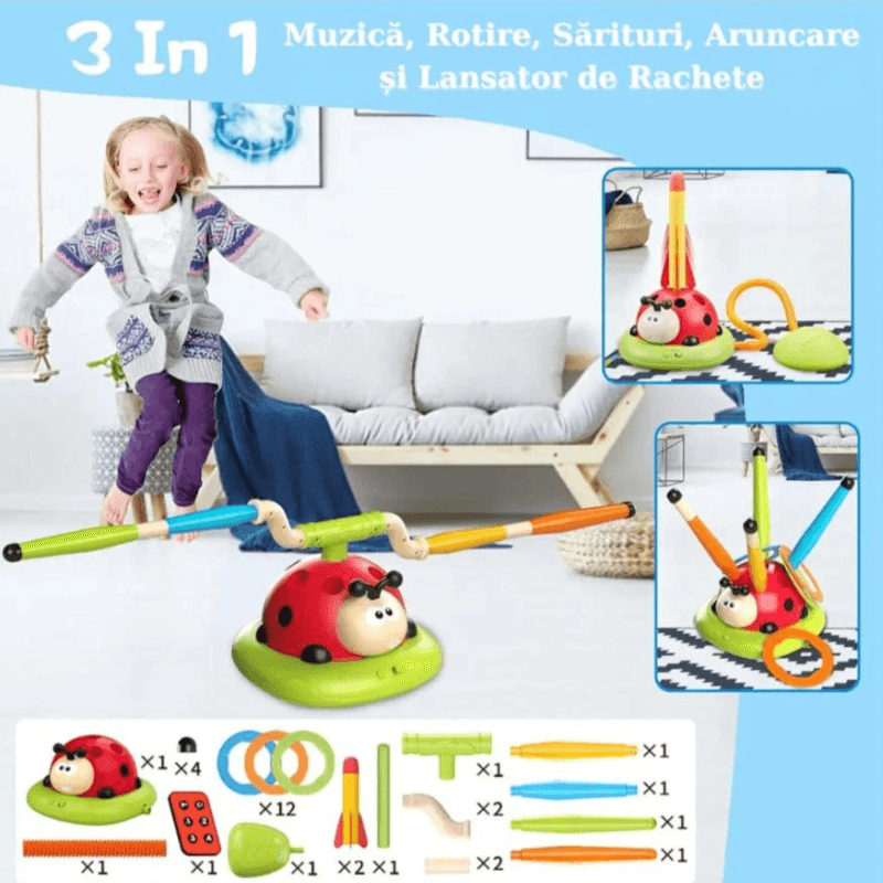 Buburuza Interactiva 3 in 1, Coarda de Sarit, Aruncare Inele si Lansator Rachete, Cu Telecomanda